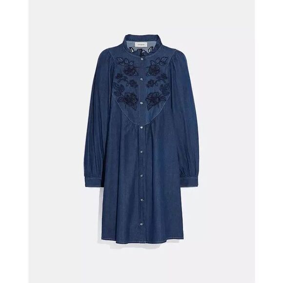 Coach Embroidered Denim Mini Shirt Dress Size 4 Made in Italy - Picture 1 of 10